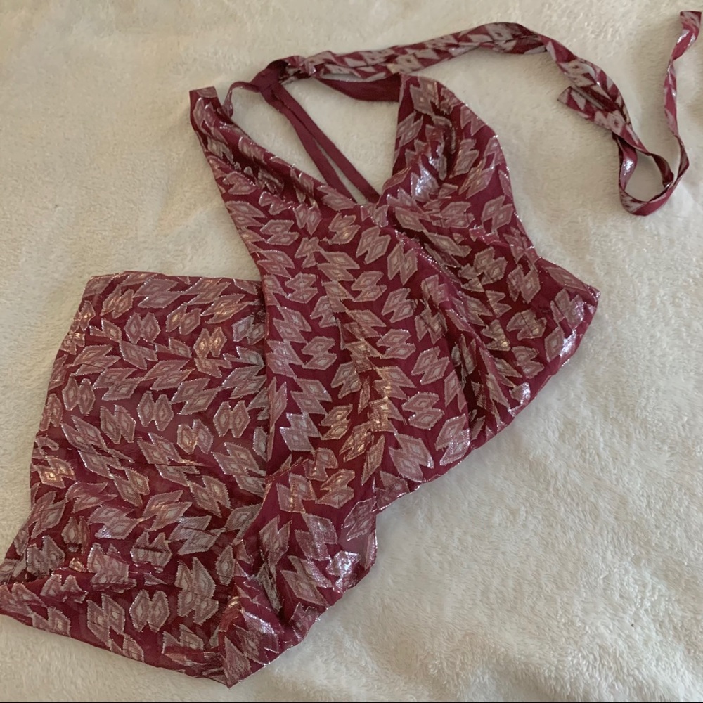 Maroon and metallic thread halter dress with slits
